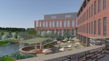 Overlooking pond and cafeteria terrace